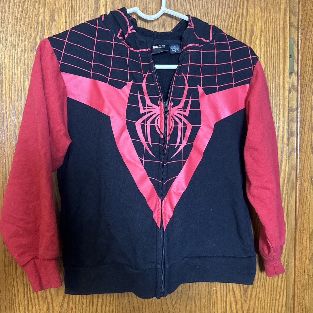 Marvel Miles Morales Spider-Man Hoodie Kids Size 8 Black Red Zip Up Costume - Picture 1 of 6